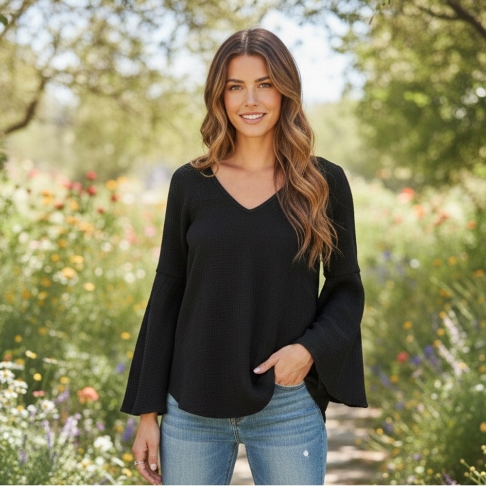 Altar’d State Black Gauzy Textured Bell Sleeve Crisscross Back Top Size M Boho